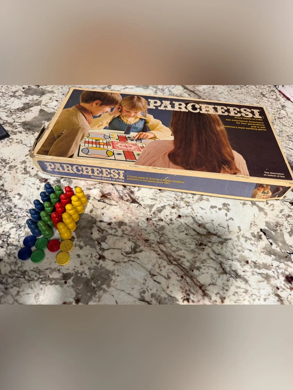 Parcheesi Board Game Set of 19 Blue yellow red green Pieces & 7 Markers & Box